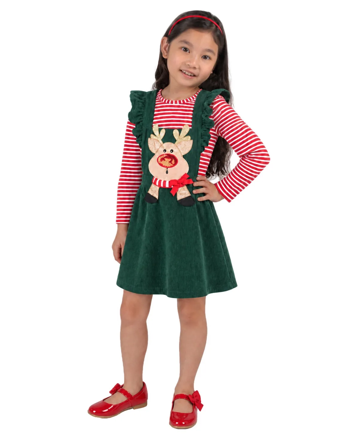 Striped Reindeer Applique Long-Sleeve Top and Corduroy Jumper Dress, 2-Piece Set by Rare Editions