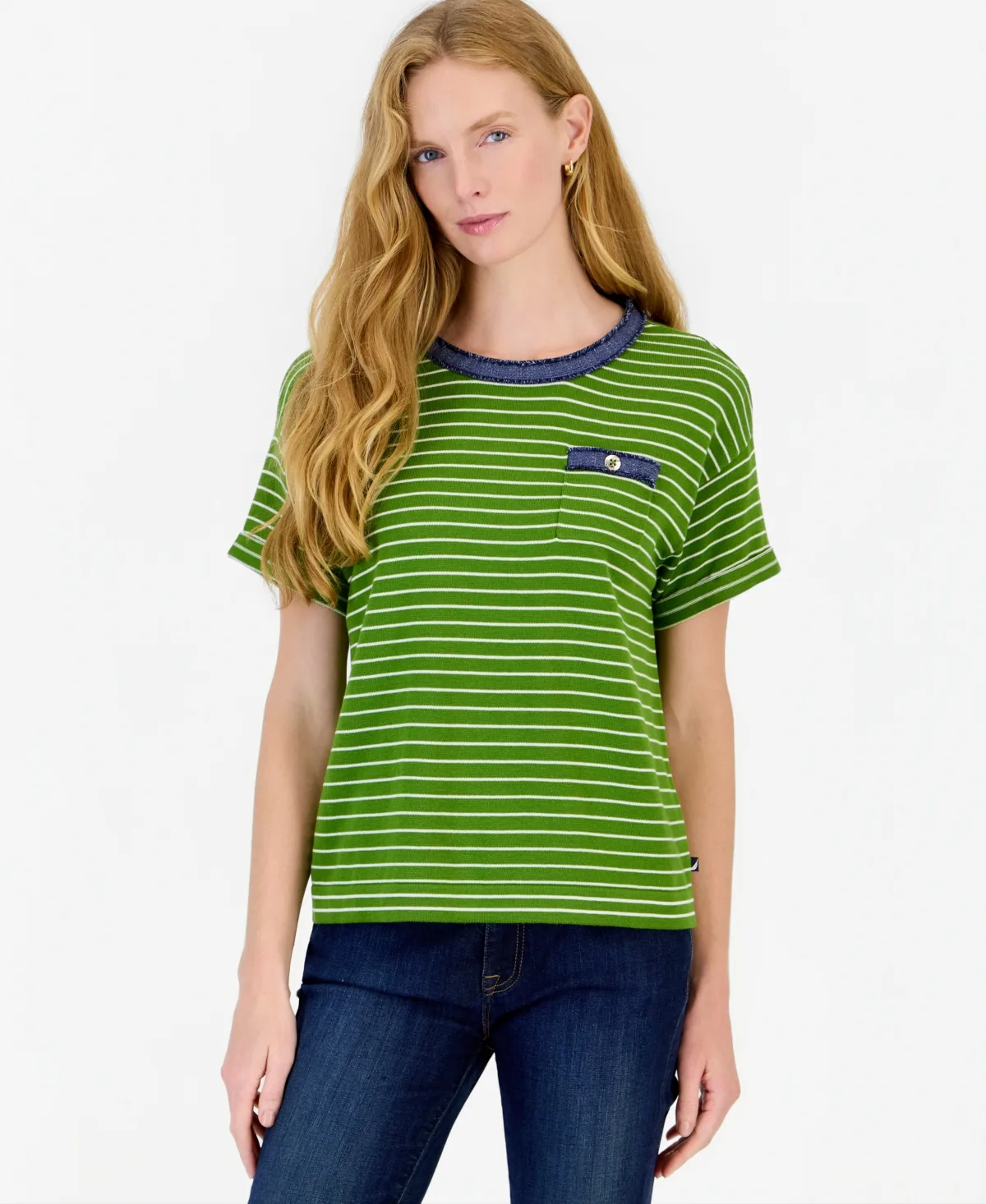 Short-Sleeve Striped Denim-Trim Cotton-Acrylic Blend Sweater by Nautica