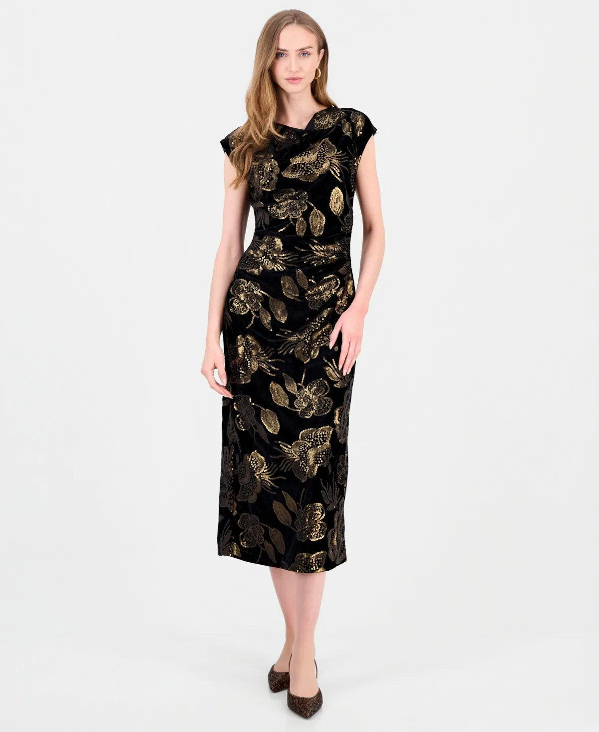 T Tahari Cowl Neck Midi Velvet Dress by Tahari