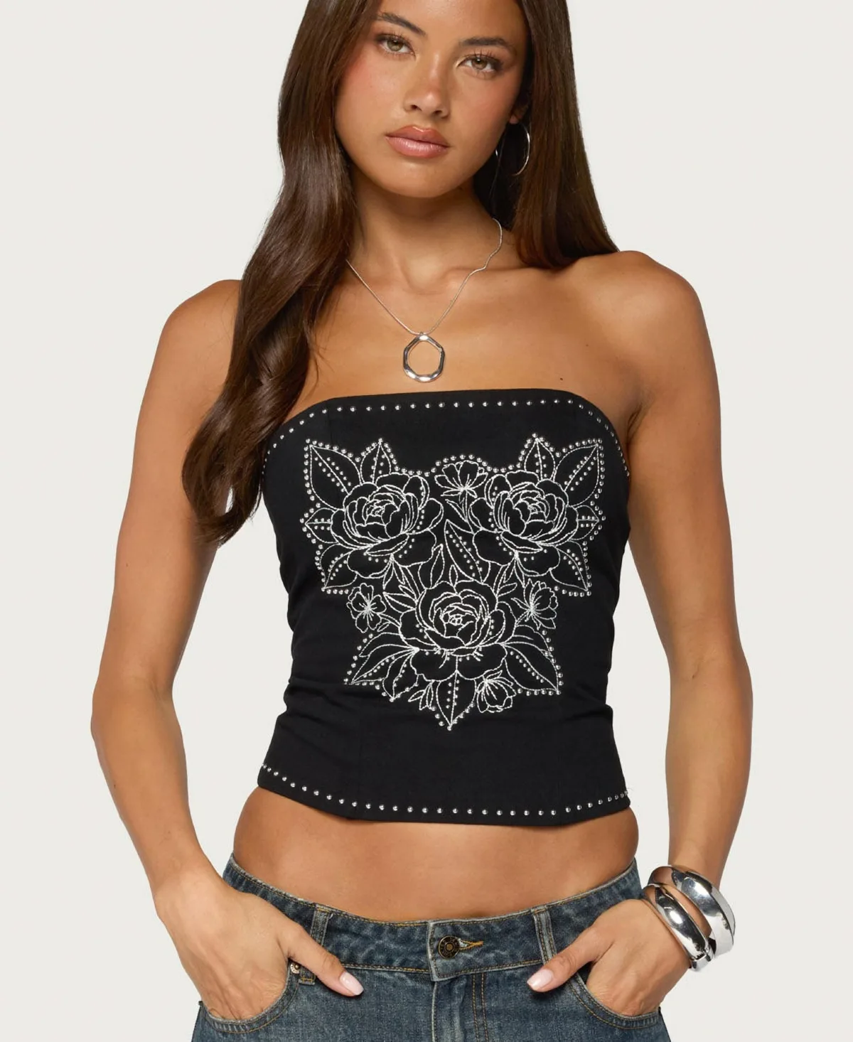 Harli Floral-Print Studded Strapless Corset Top by Edikted