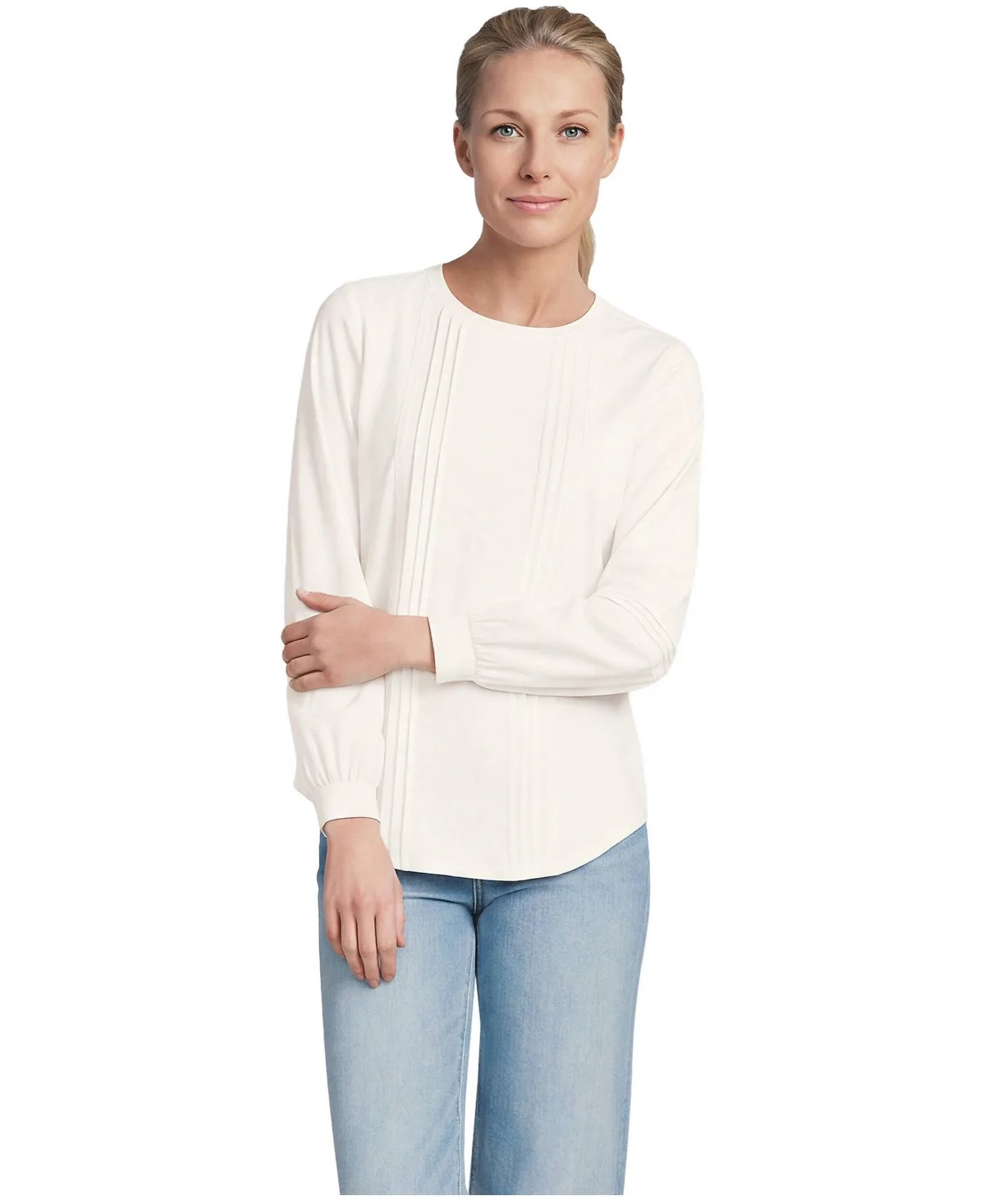Pintuck and Lattice Long Balloon Sleeve Lightweight Jersey Blouse