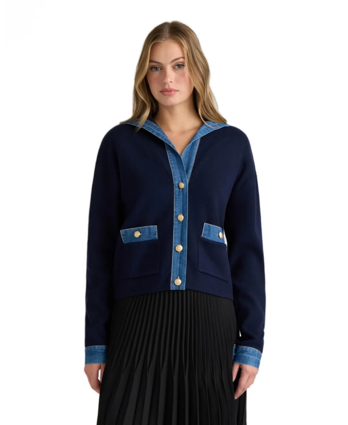 Sailor Collar Cardigan with Denim Detailing by Nvlt