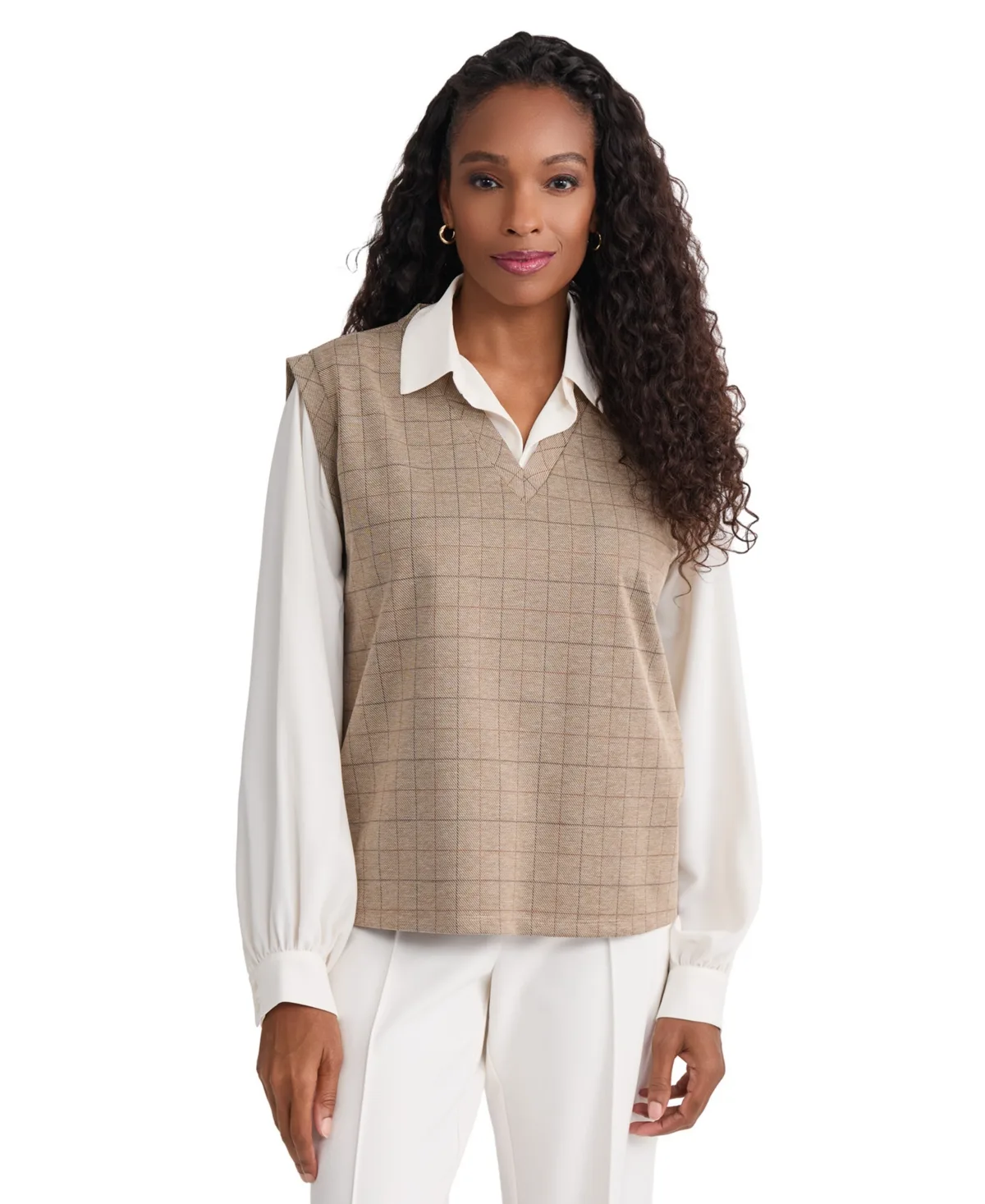 Long-Sleeve Drop-Shoulder Twofer Plaid Puff-Sleeve T-Shirt by Jones New York