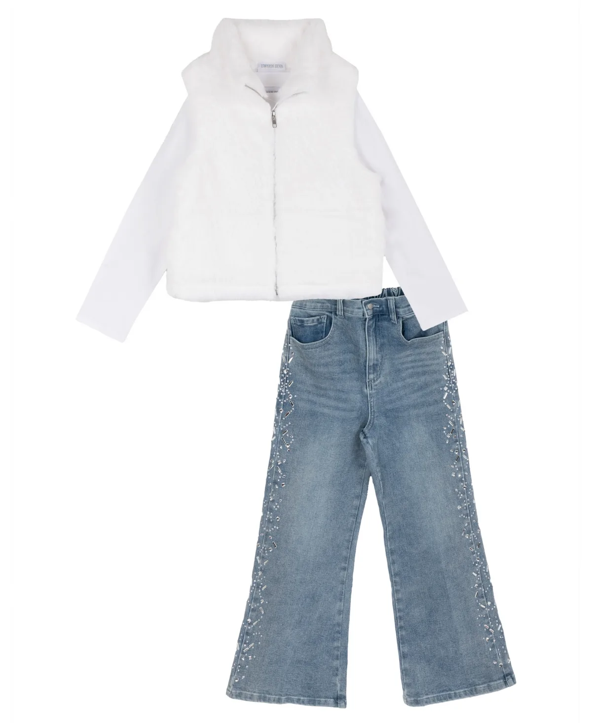 Faux Fur Long-Sleeve Rhinestone-Embellished Vest, Tee, and Jeans, 3-Piece Set by Tween Diva