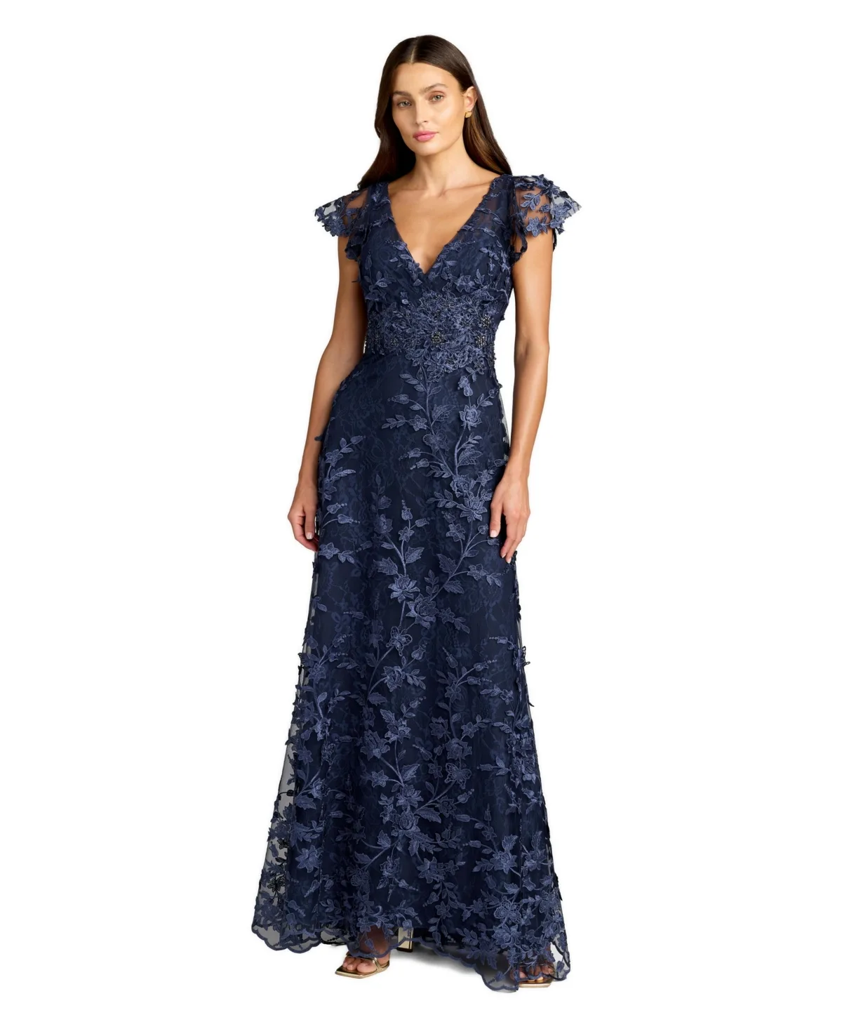 Mac Duggal Embroidered Applique Wrap Over Flutter Sleeve Gown by M.A.C.