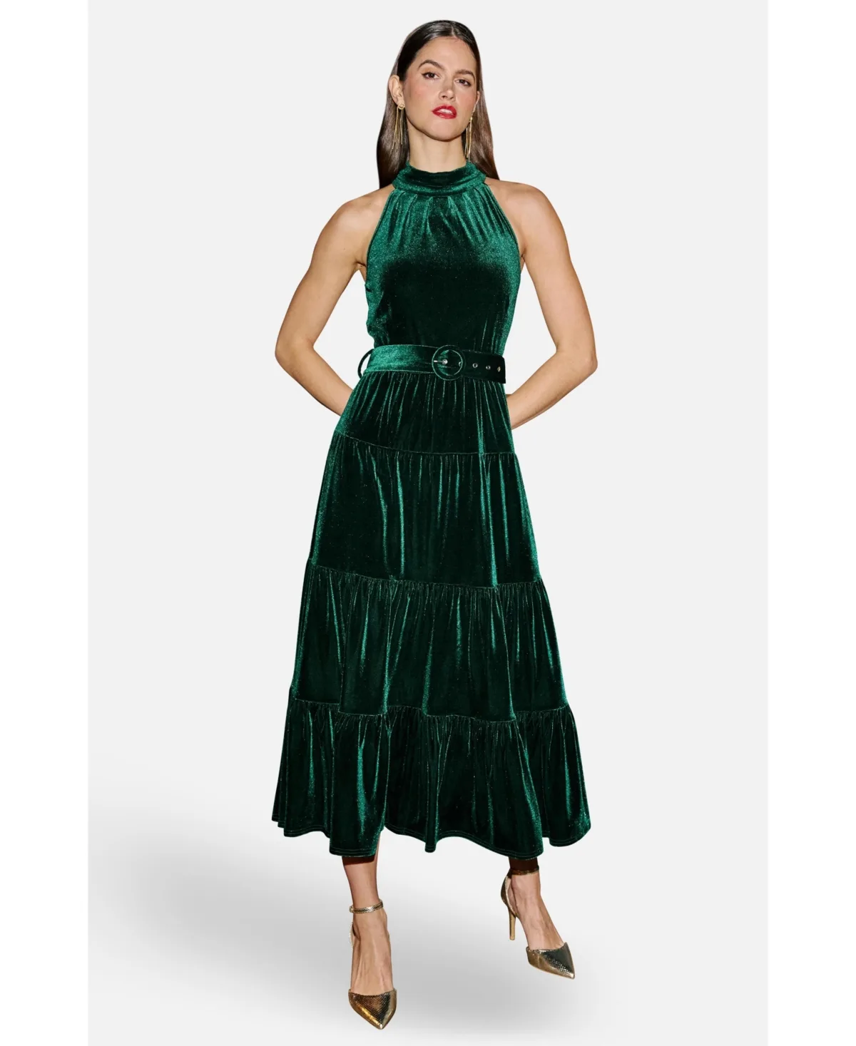 Velvet Halter Neck Belted Maxi Dress by Yumi