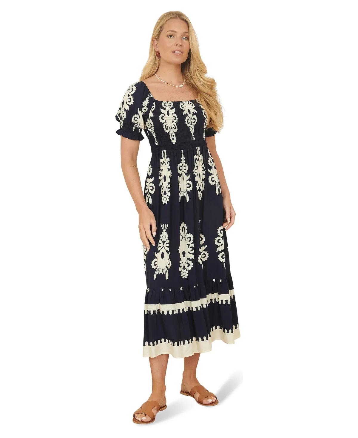 Block Print Viscose Ruched Midi Dress by Yumi