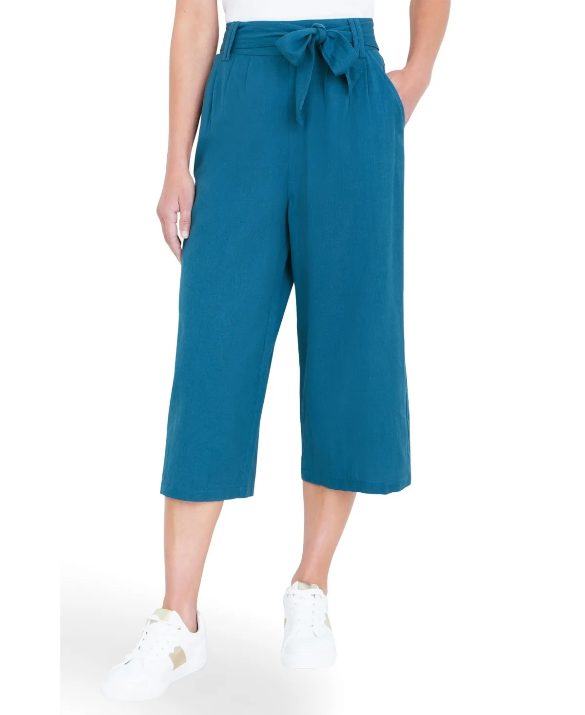 High-Waist Tie-Belt Cropped Trousers by Yumi