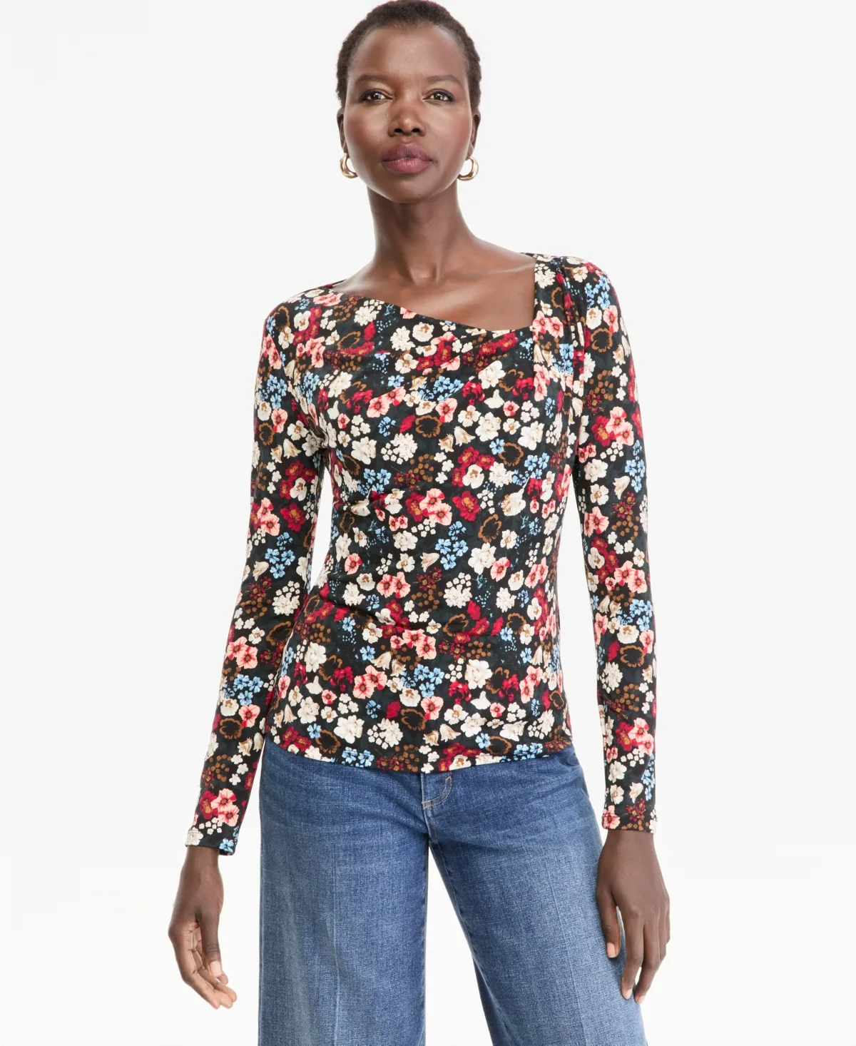 Printed Asymmetric Neckline Long-Sleeve Top by INC International Concepts