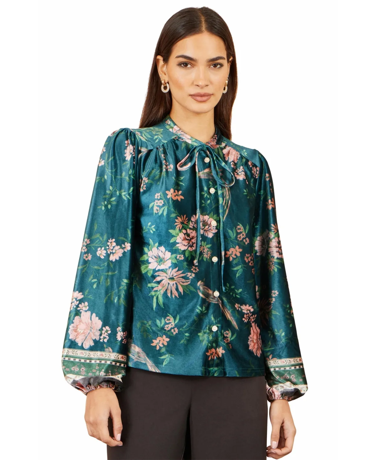 Floral Tie Neck Velvet Blouse by Yumi