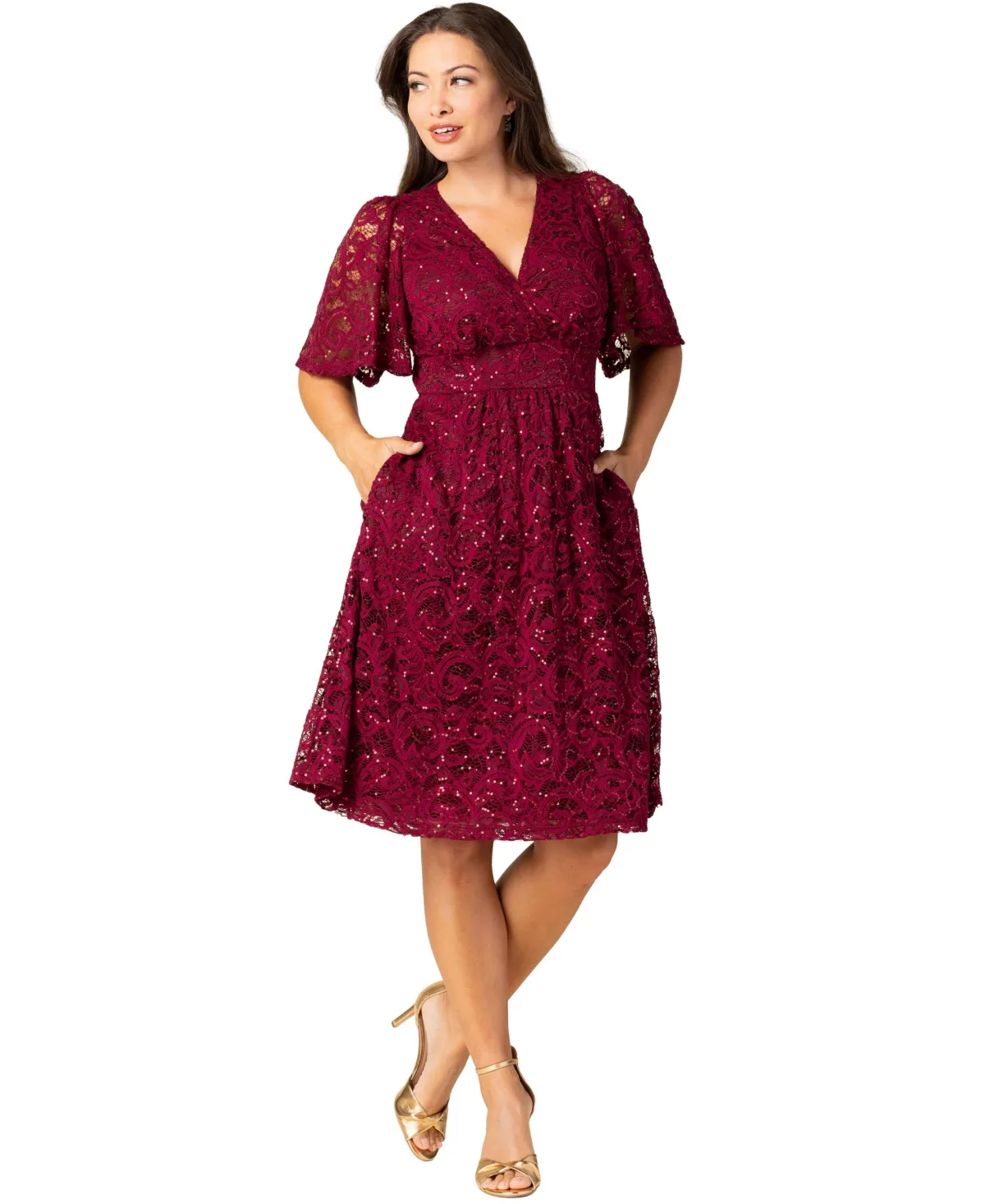 Starry Sequin Lace V-Neck Cocktail Dress with Pockets by Kiyonna