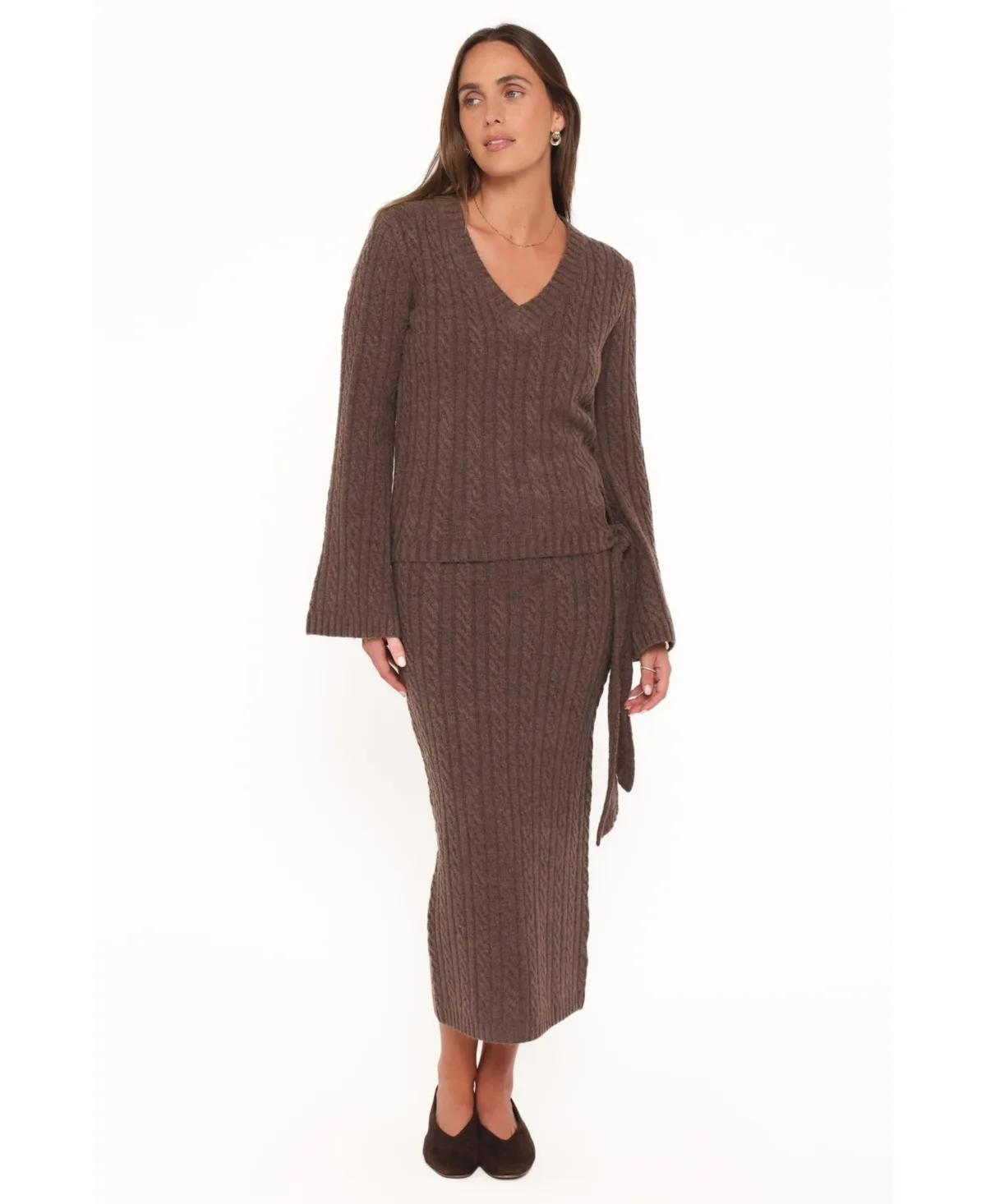 Everett Cable Knit V-Neck Midi Top and Skirt, 2-Piece Set by Petal and Pup