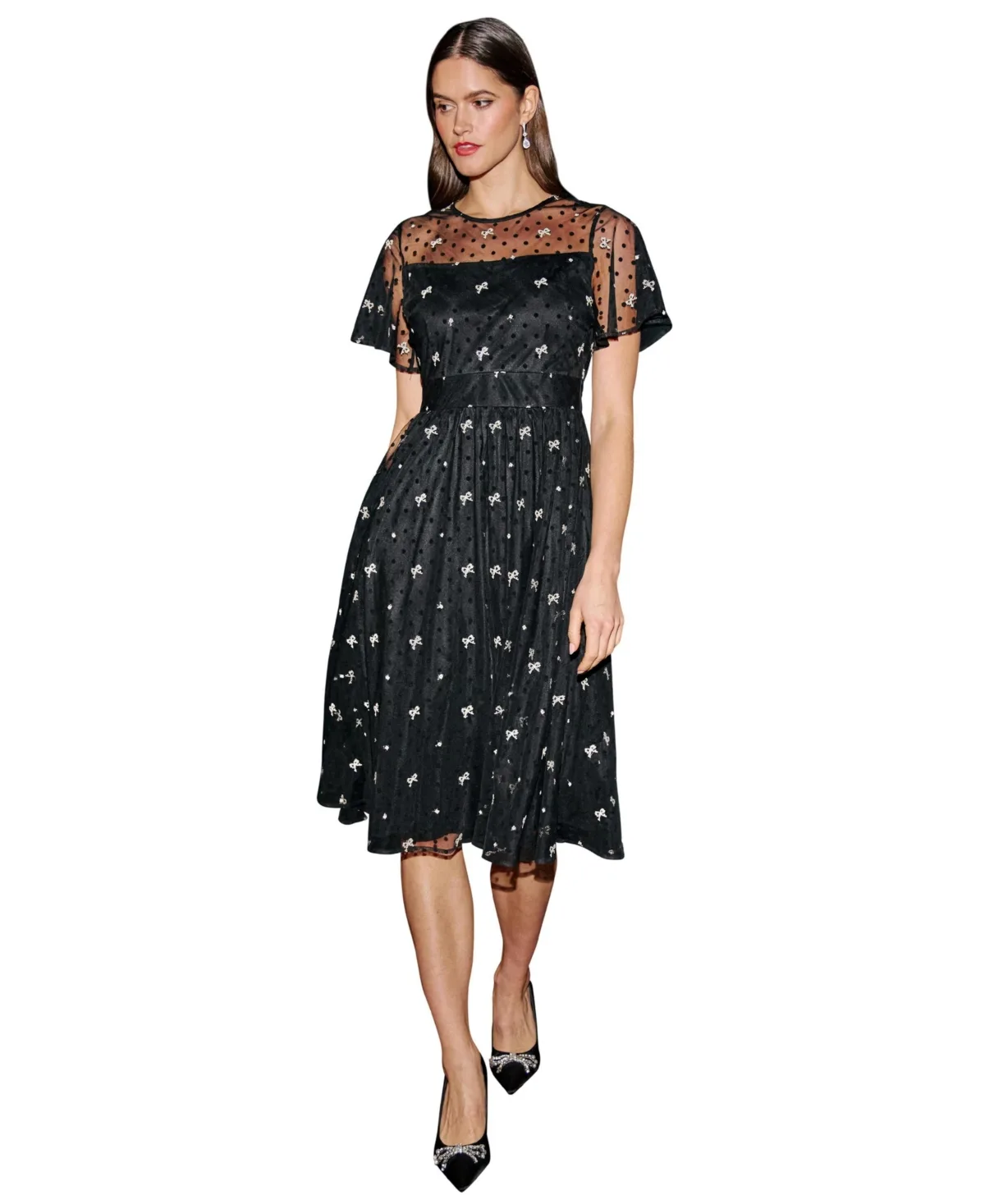 Embroidered Bow Mesh Prom Dress by Yumi