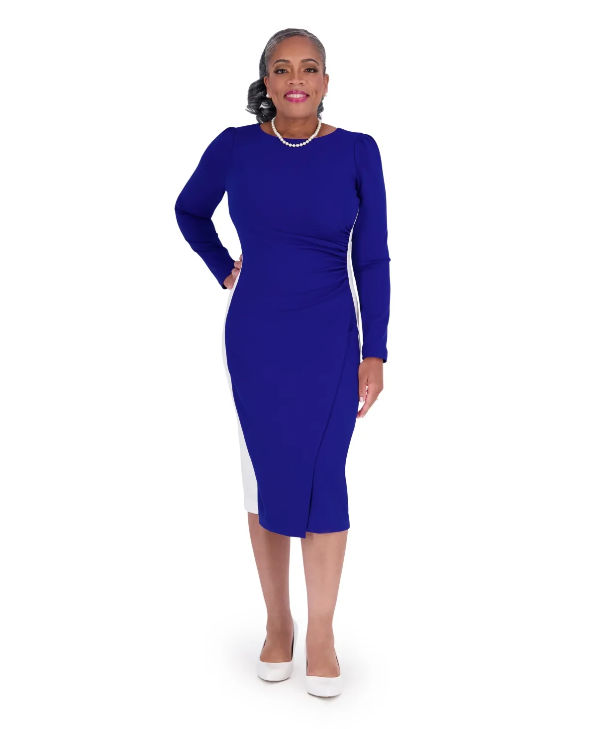 Colorblock Long-Sleeve Drape-Front Midi Dress by Kasper