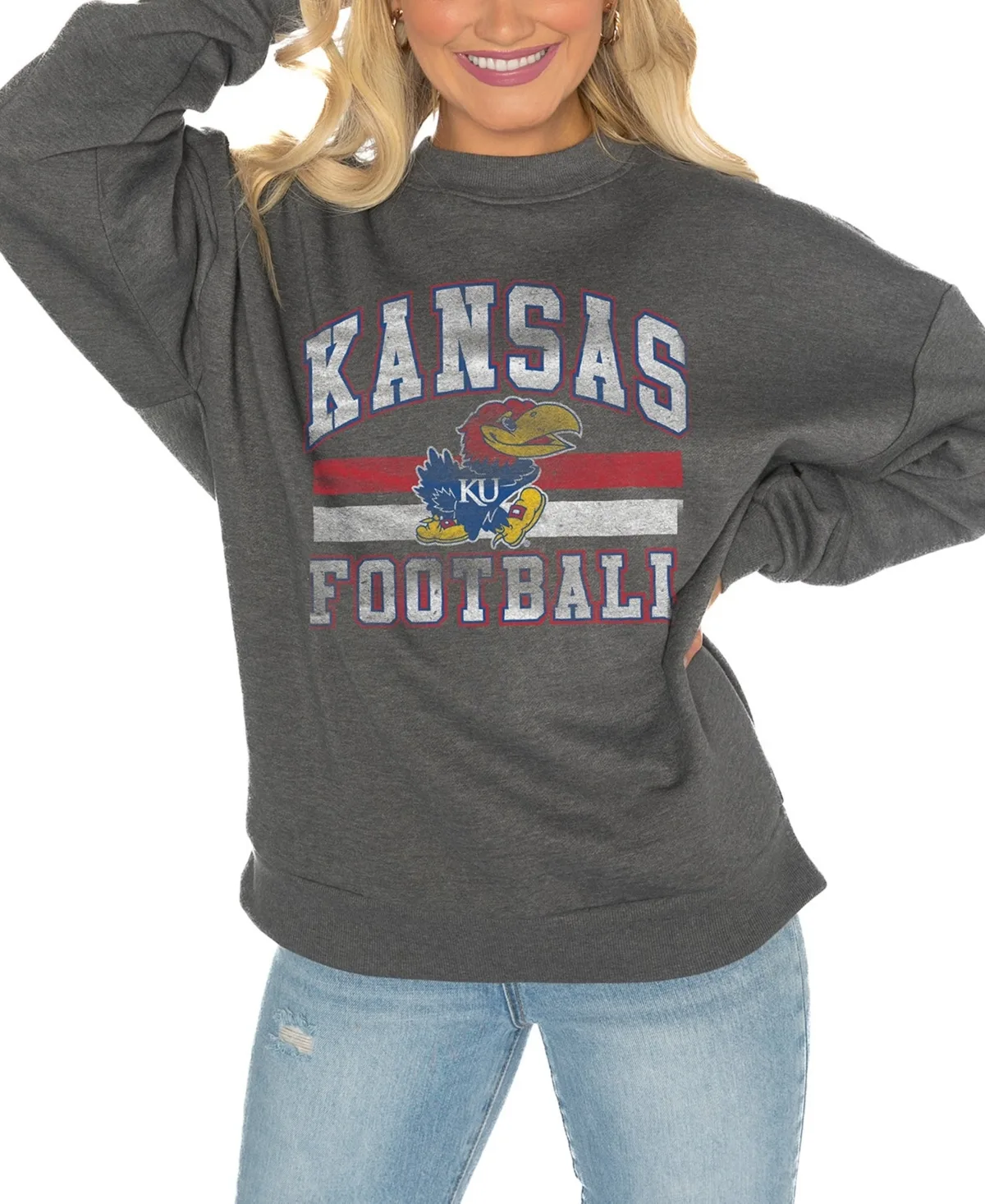Kansas Jayhawks Oversized Drop Shoulder Fleece Drop Pullover Sweatshirt by Gameday Couture