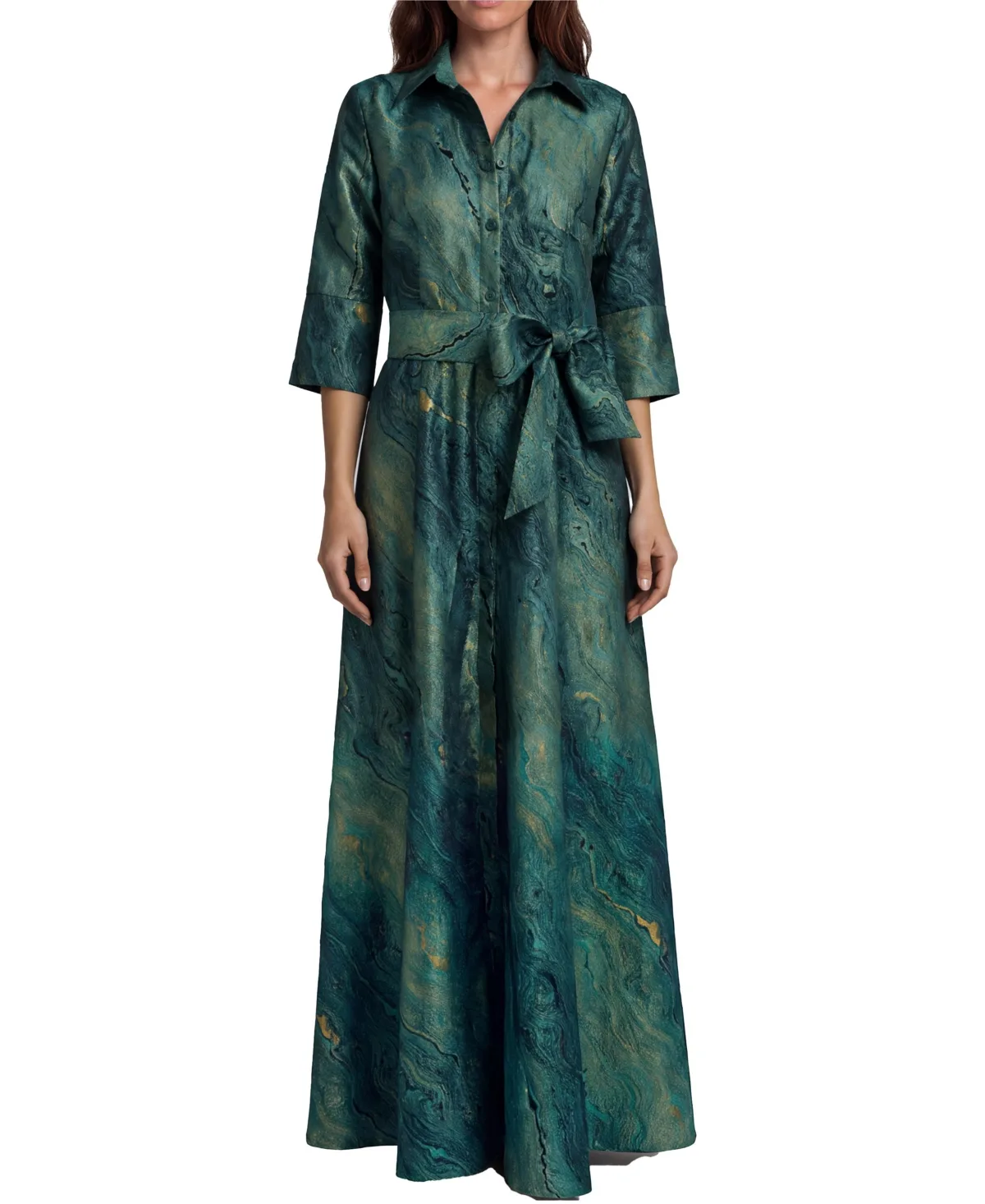 Dolman Sleeve Taffeta Jacquard Shirt Gown with Sash and Pockets by Rene Ruiz Occasion