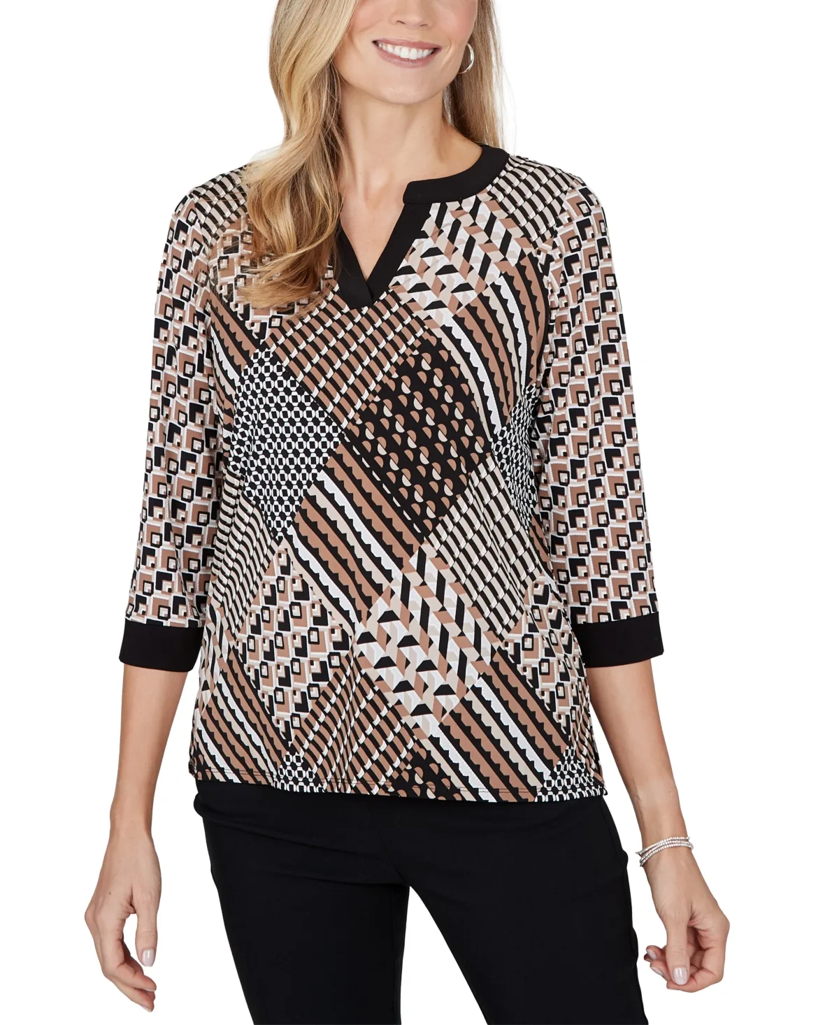 3/4-Sleeve Geometric-Print V-Neck Blouse by Alfred Dunner