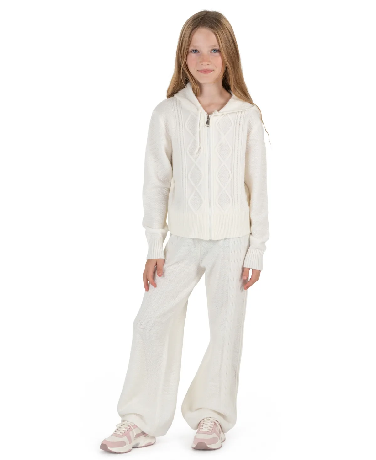 Cable-Knit Wide-Leg Hooded Cardigan and Knit Pants, 2-Piece Set by Tween Diva