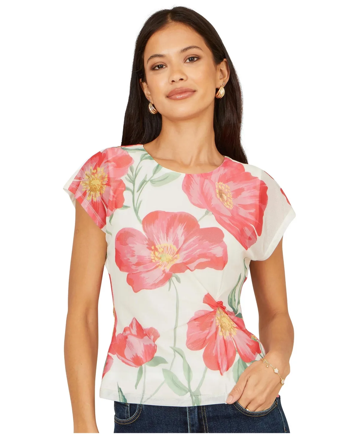 Poppy Print Mesh Top by Yumi
