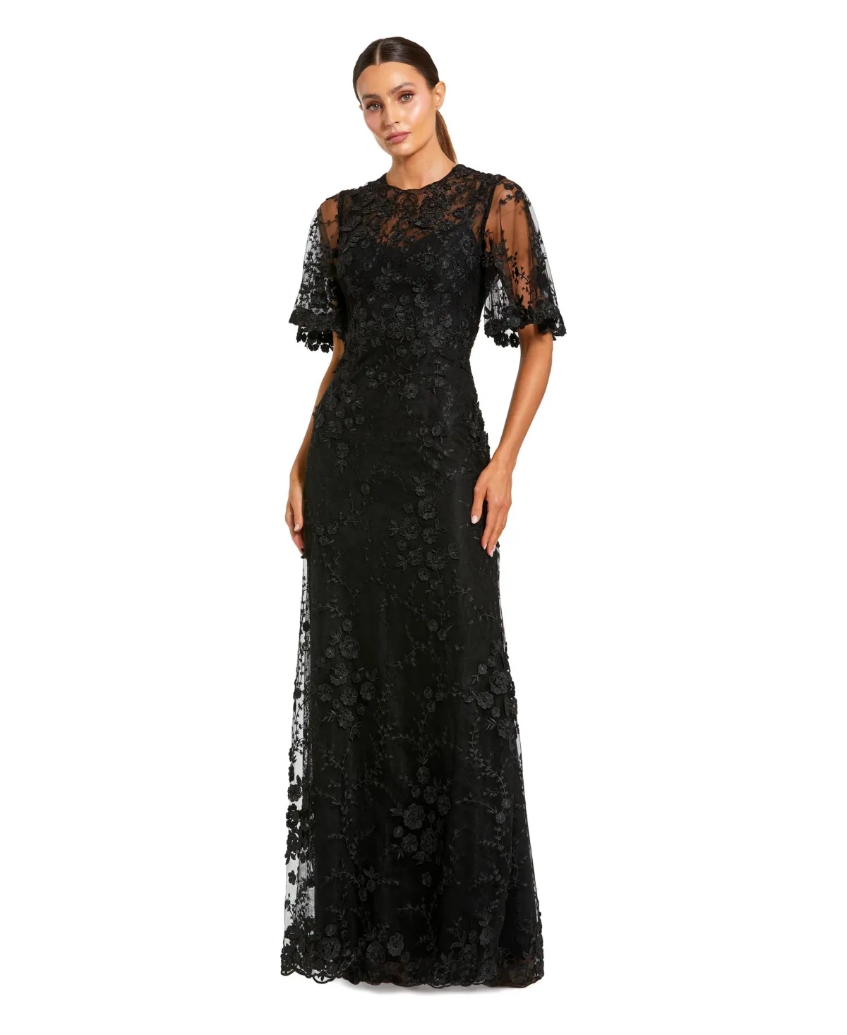 Mac Duggal Flutter Sleeve Floral Embroidered Net Gown by M.A.C.