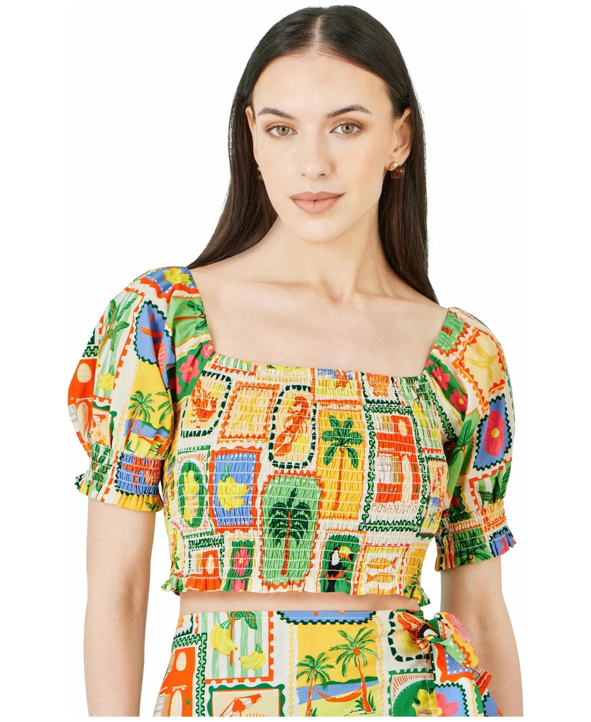 Cropped Shirred Postcard Print Top by Yumi