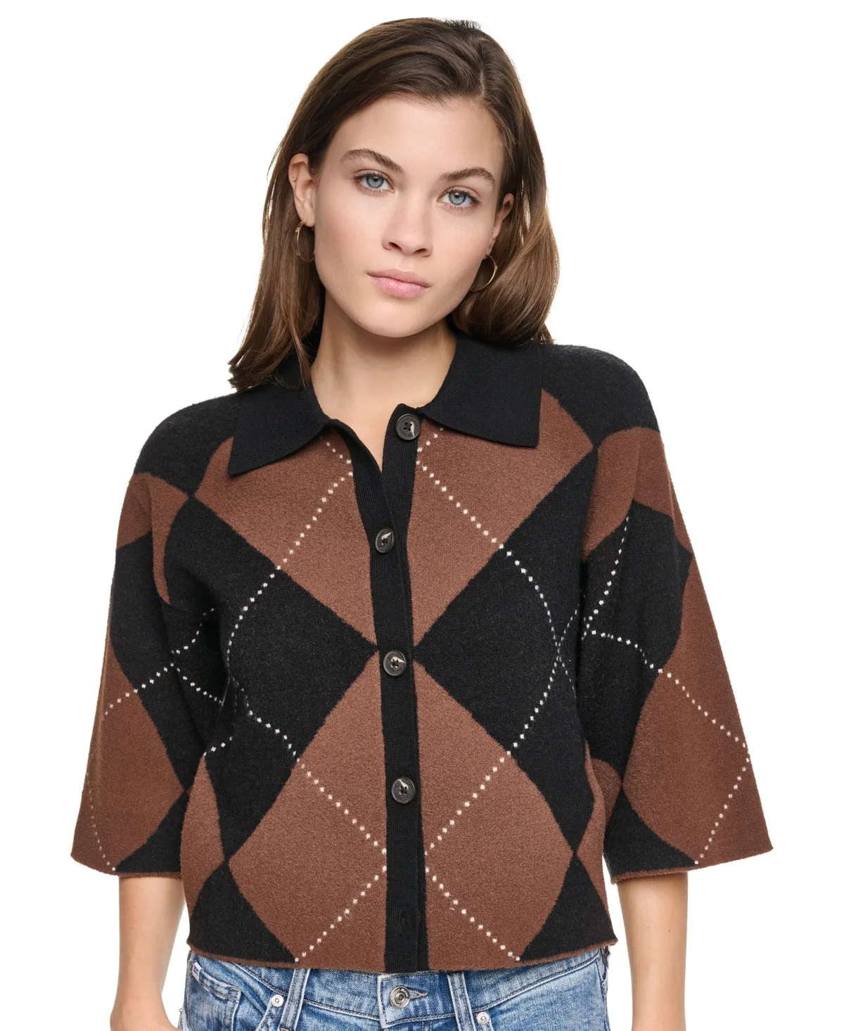 Jeans Fuzzy-Knit Argyle Polo Collar Cardigan by DKNY