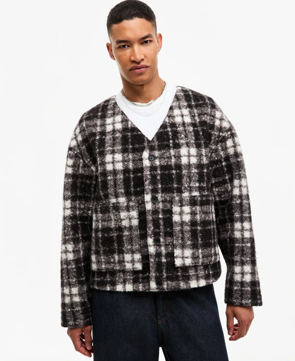 Knit Plaid V-Neck Cardigan by Mode of One