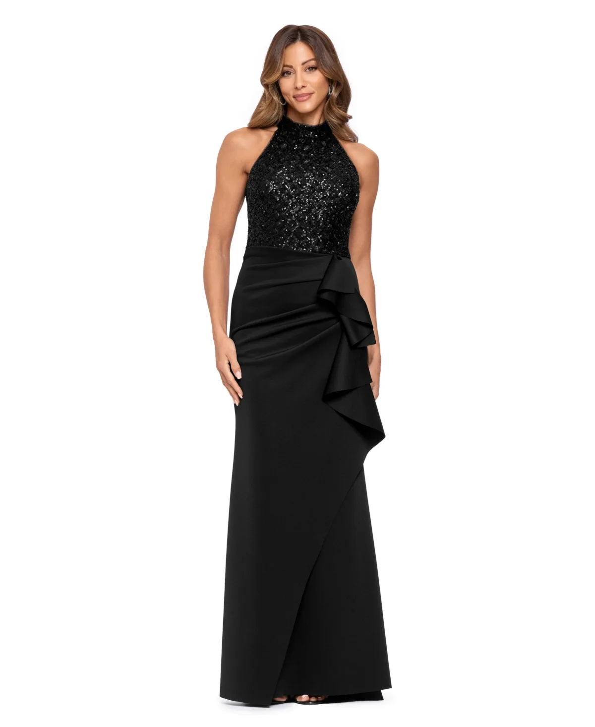 Petite Sequin Mock-Neck Ruffle Maude Gown by Xscape