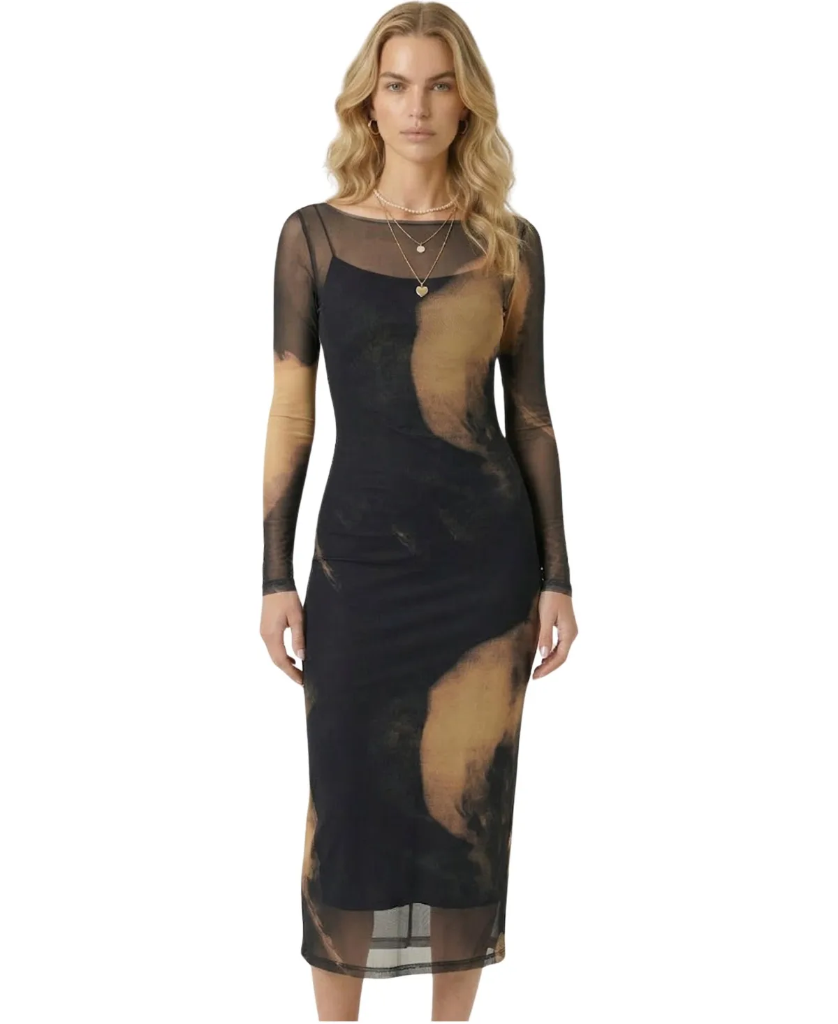 Mesh Overlay Layered Long-Sleeve Midi Dress