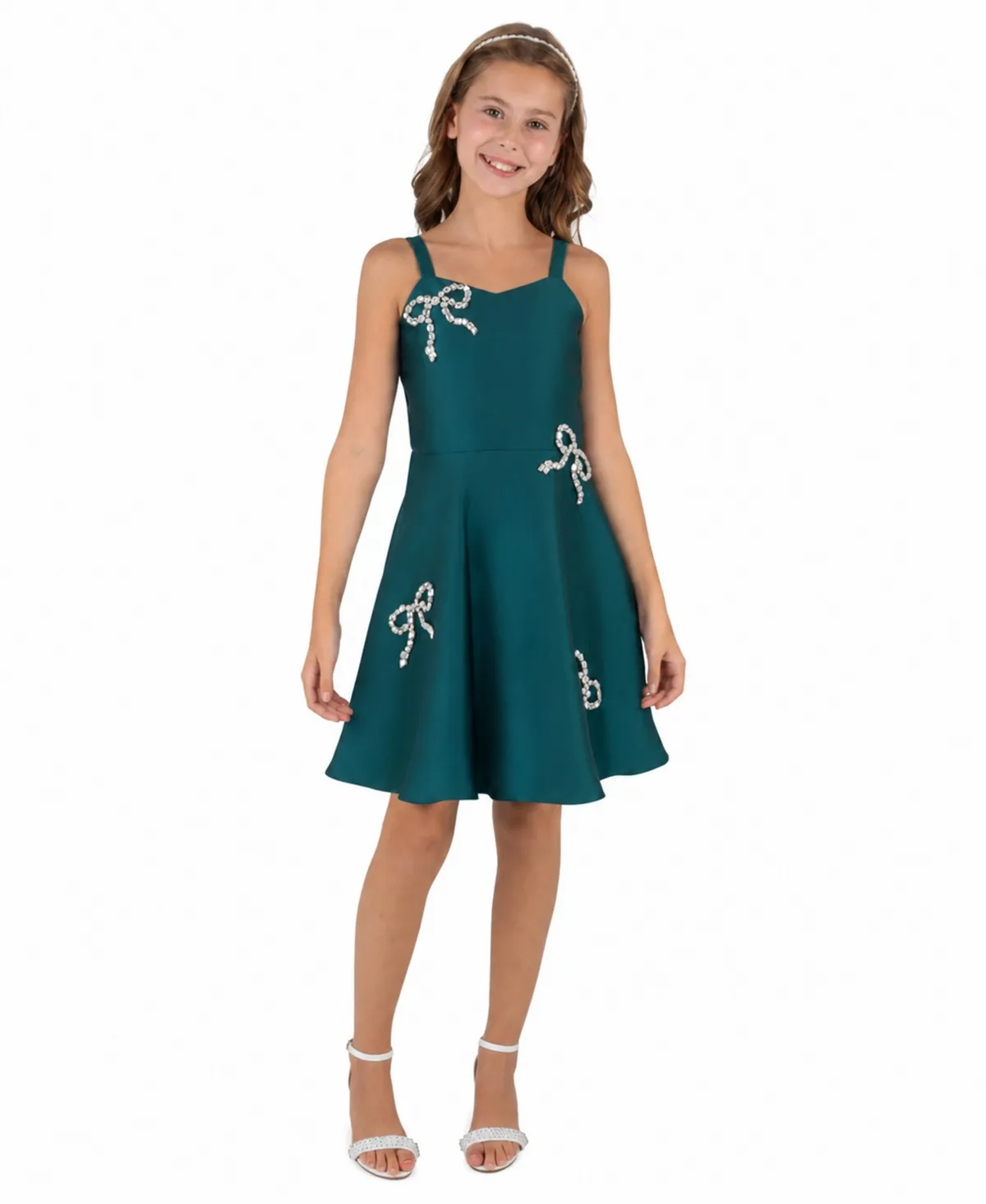 Sweetheart Rhinestone-Bow Fit & Flare Mikado Dress by Rare Editions