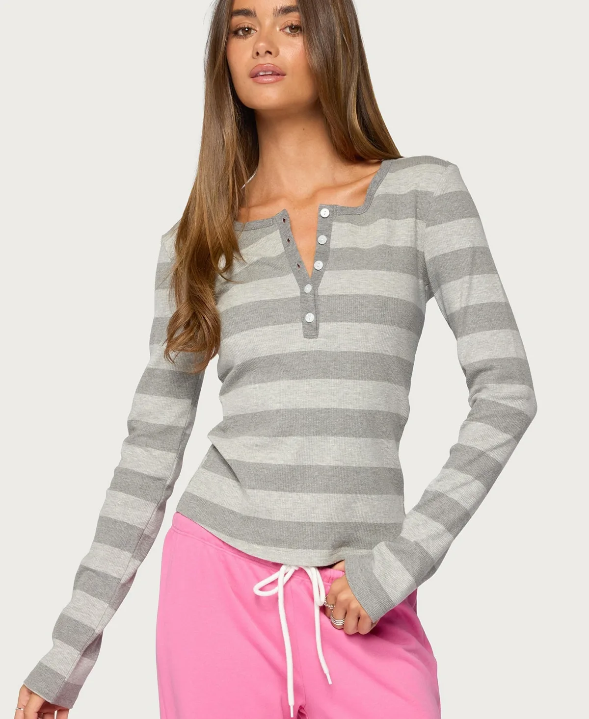 Dea Striped Long-Sleeve Henley T-Shirt by Edikted