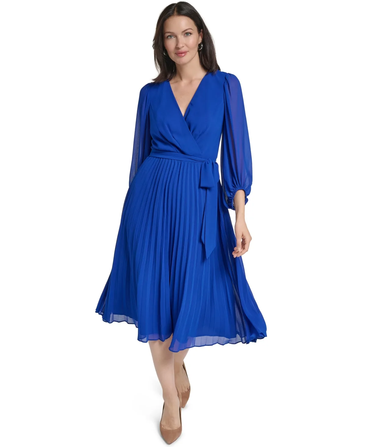 3/4 Ballon Pleated V-Neck Surplice Midi Dress