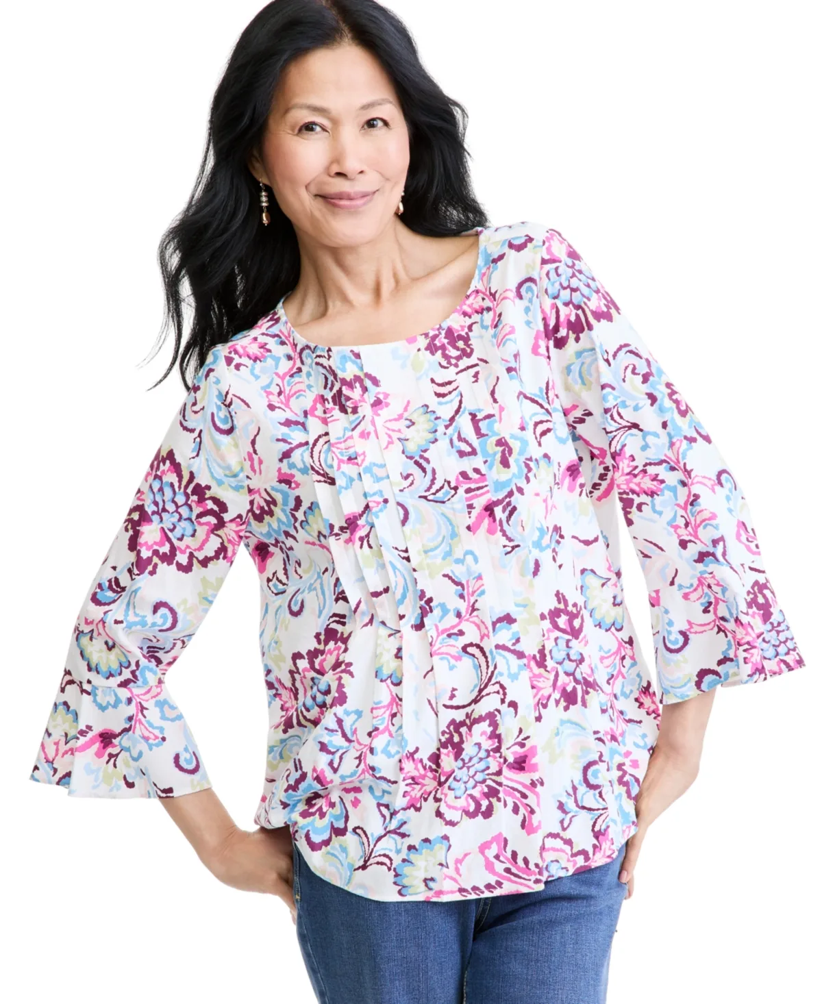 Pintuck Popover 3/4-Sleeve Floral-Print Blouse by Style & Co