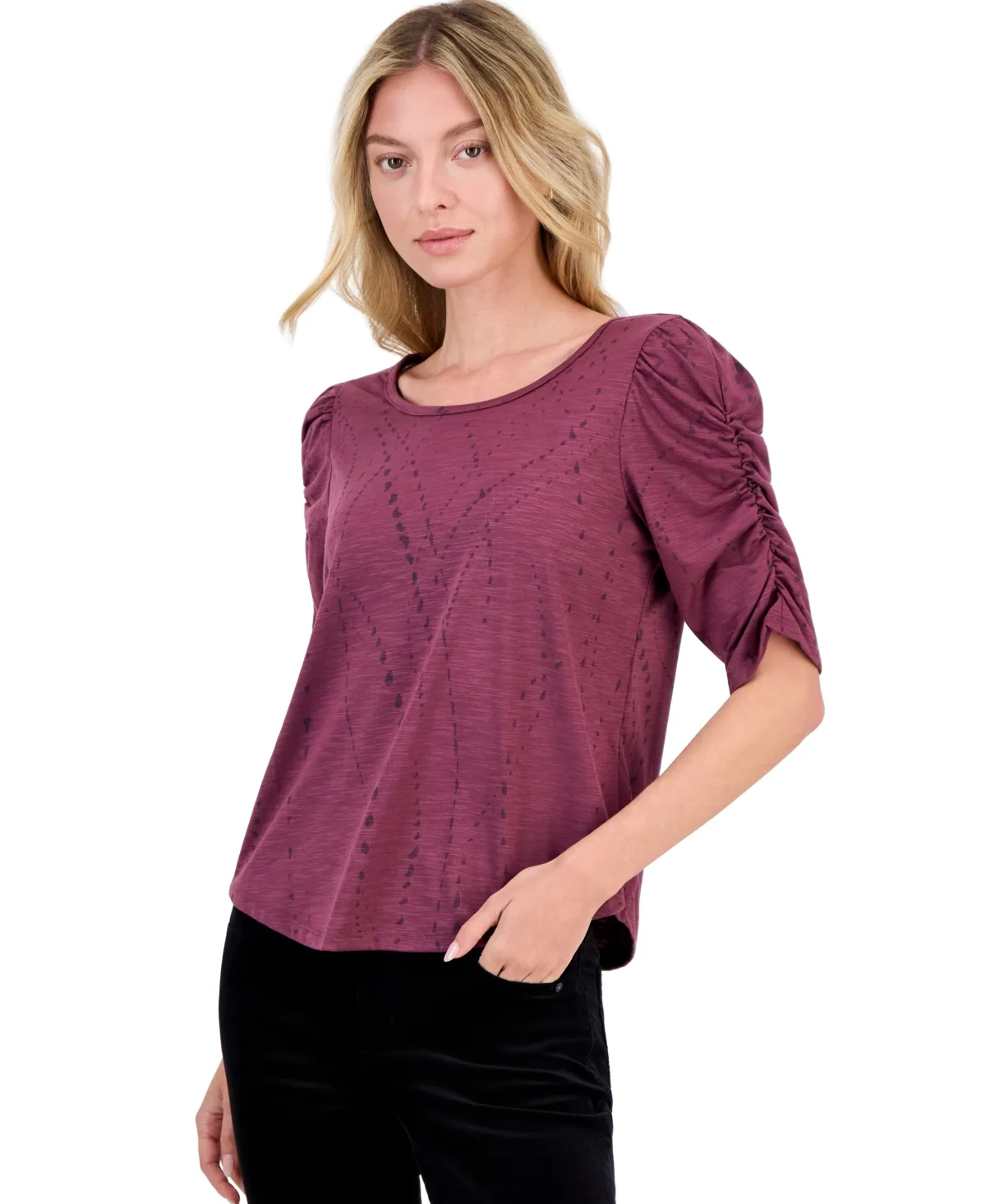 Ruched Elbow-Length Scoop Neck T-Shirt by Democracy