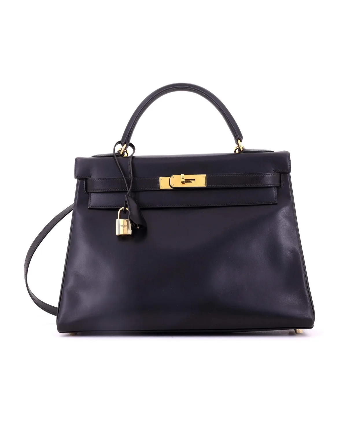 Pre-Owned Kelly 32 Handbag Black Box Calf with Gold Hardware by Hermes