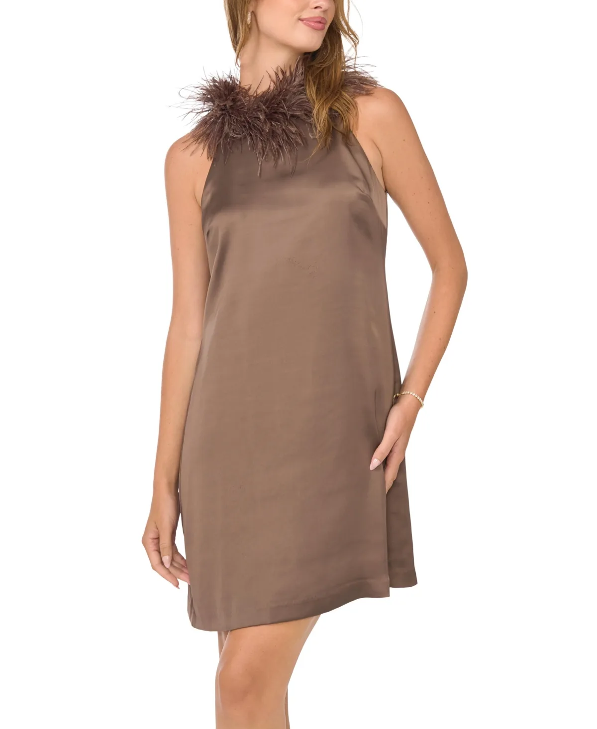 Satin Halter Feather-Trim Dress by Vince Camuto