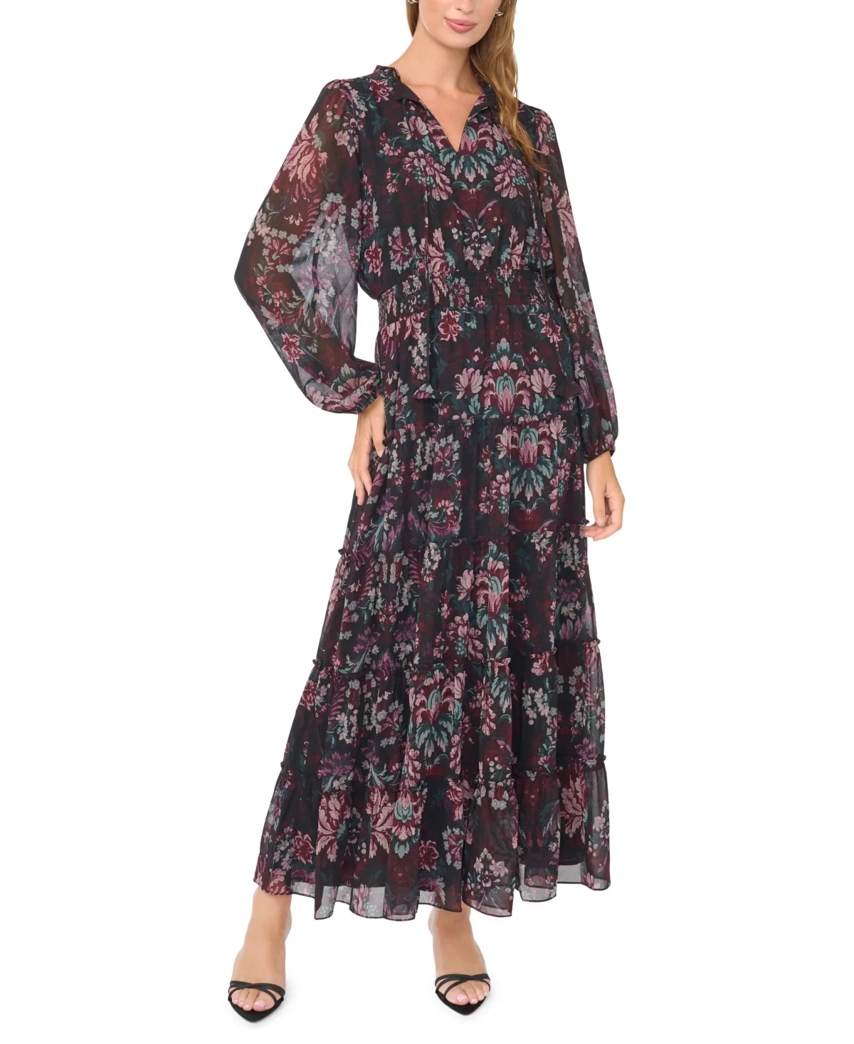 Tiered-Ruffle Long-Sleeve Floral-Print Maxi Dress