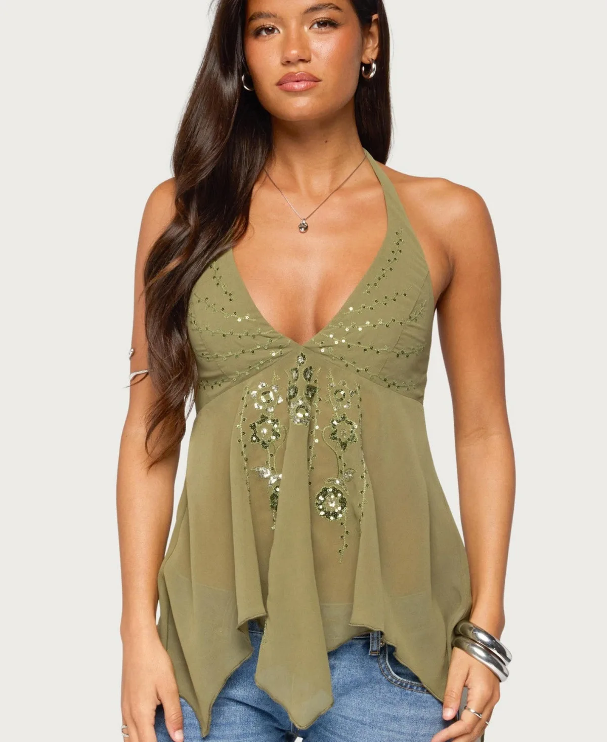 Bodie Sequin Handkerchief V-Neck Chiffon Top