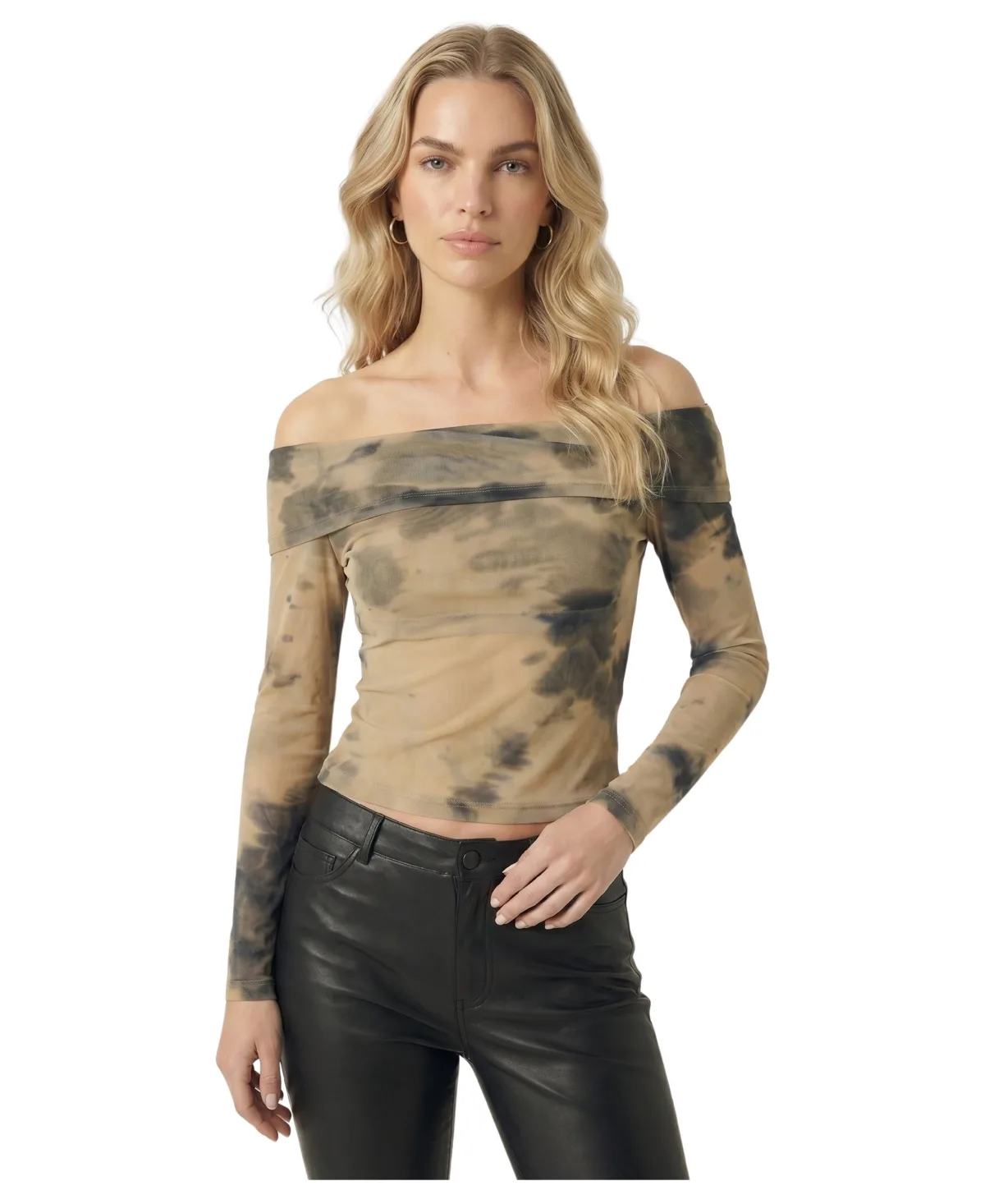 Off-the-Shoulder Tie-Dye Long-Sleeve Mesh Top by Modenaire
