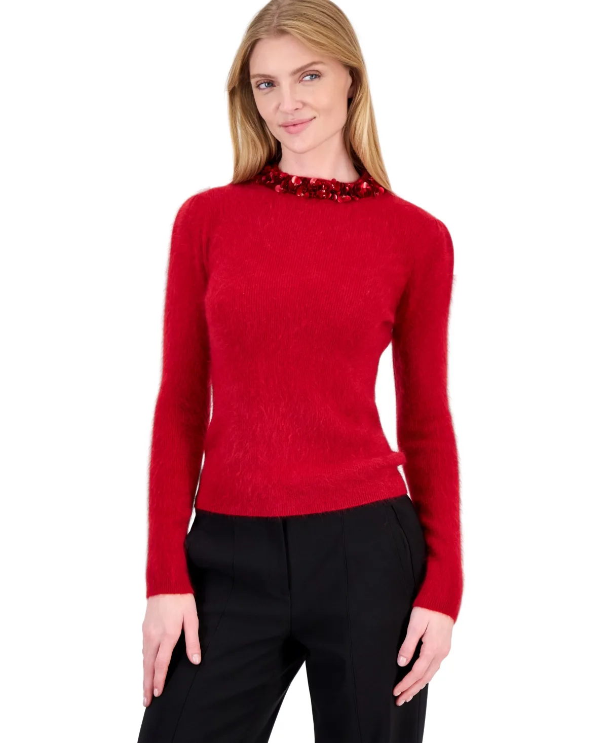 Ling Jeweled-Neck Cashmere Long-Sleeve Sweater by Elie Tahari