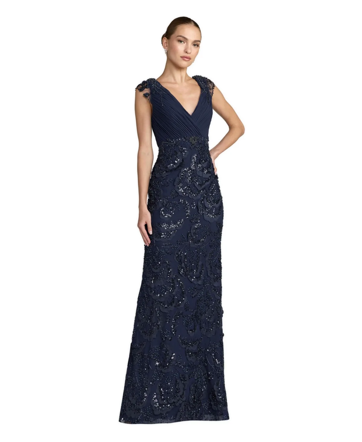 Floral Beaded Chiffon V-Neck Evening Gown