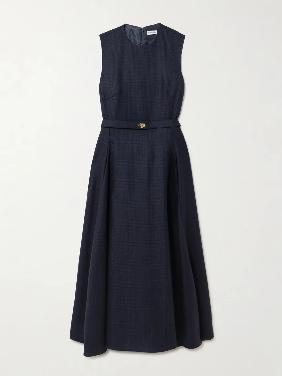 - Belted Checked Wool-twill Midi Dress -