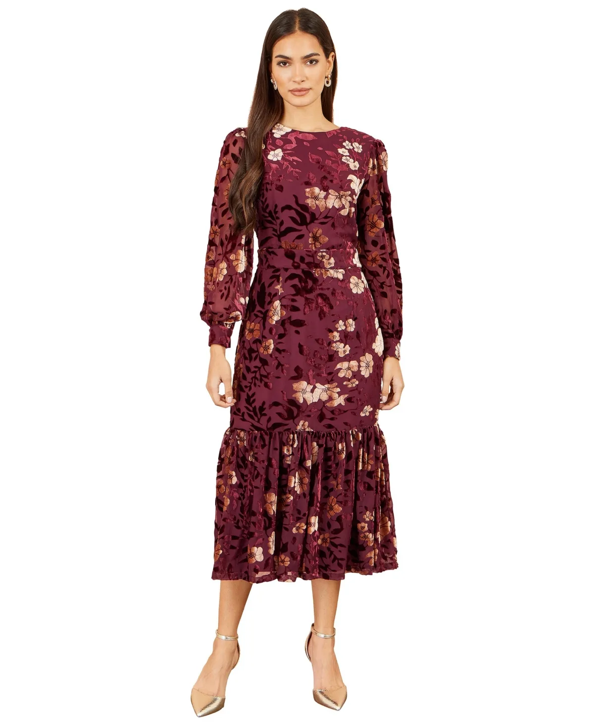 Floral Long-Sleeve Velvet Midi Dress