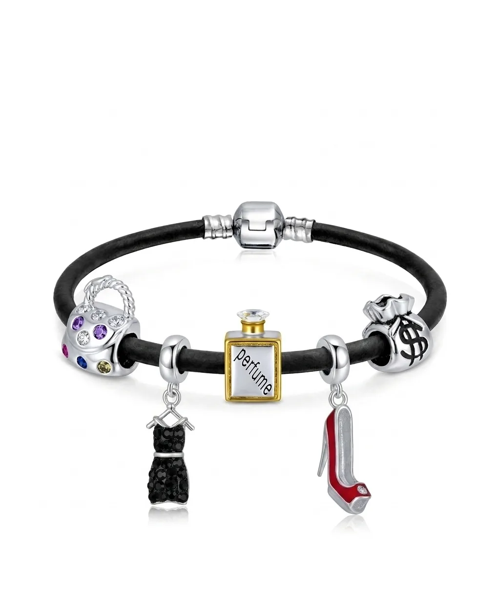 Cubic Zirconia and Crystal Big Spender Fashionista Sterling Silver Leather Charm Bracelet by Bling Jewelry