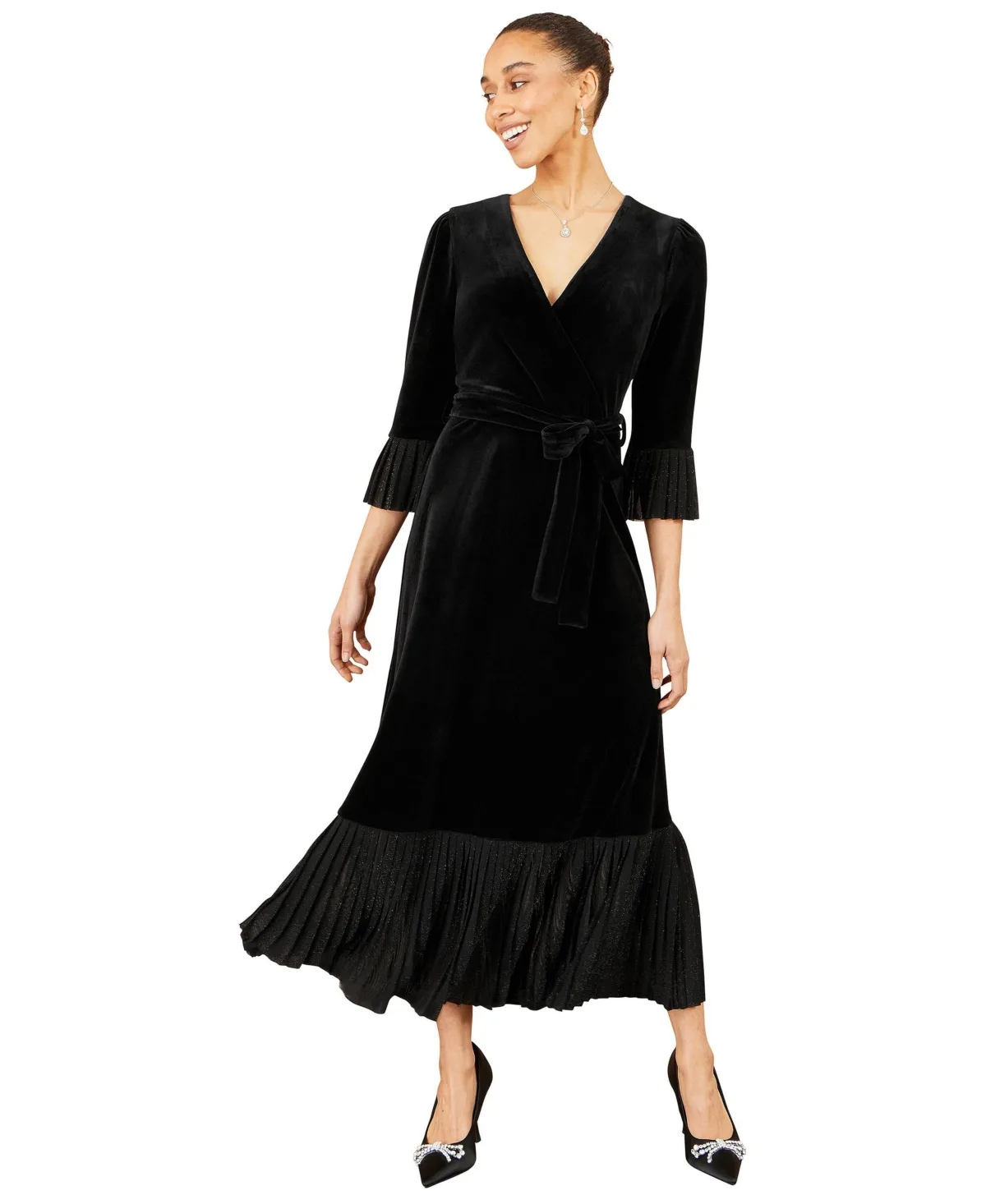 Velvet Midi Pleat Detail Wrap Dress