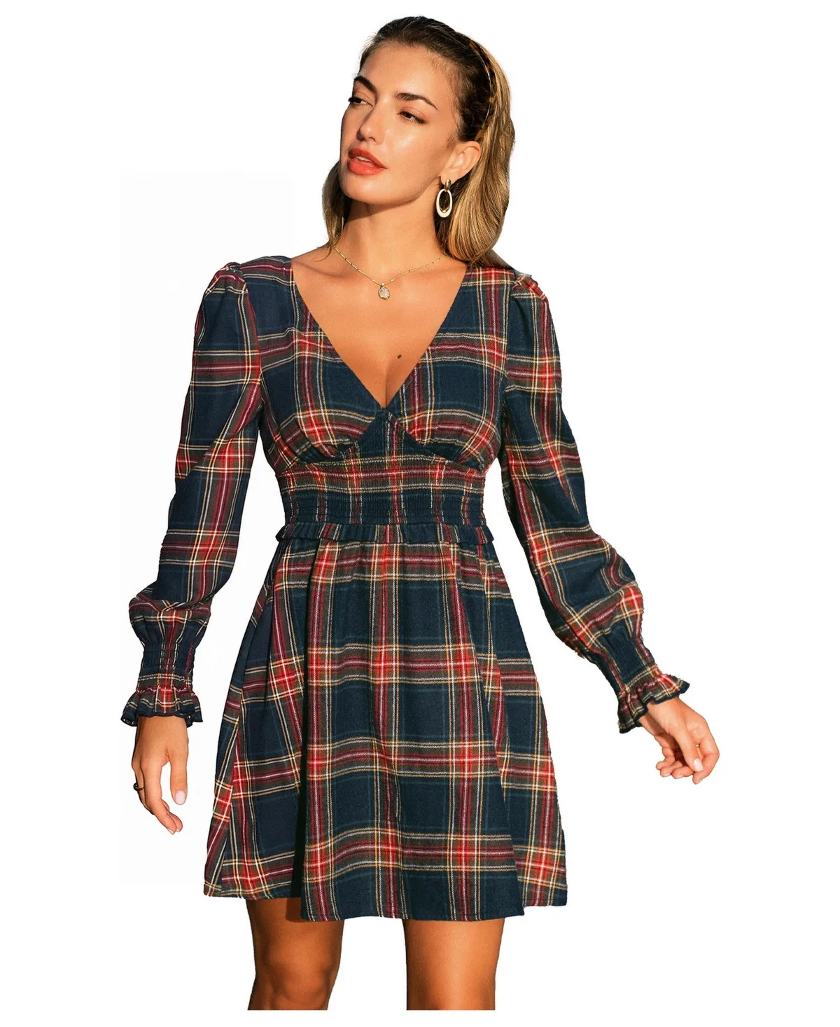 Staying Curious V-Neck Long-Sleeve Smocked-Waist Mini Dress