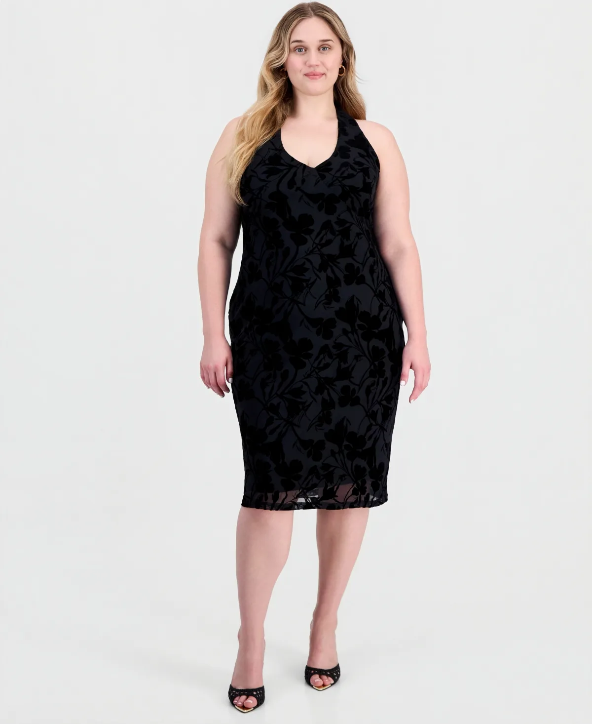 Flocked Mesh Halter Tie Neck Floral Midi Dress