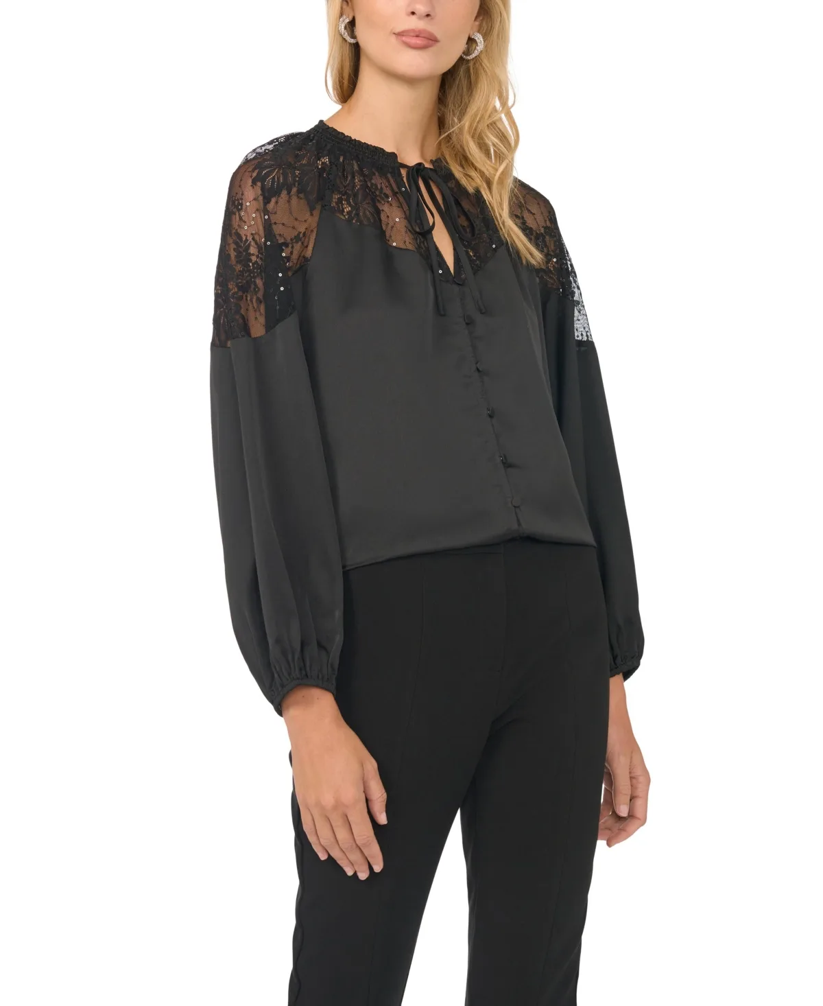 Lace-Insert Ruffle Long-Sleeve Blouse