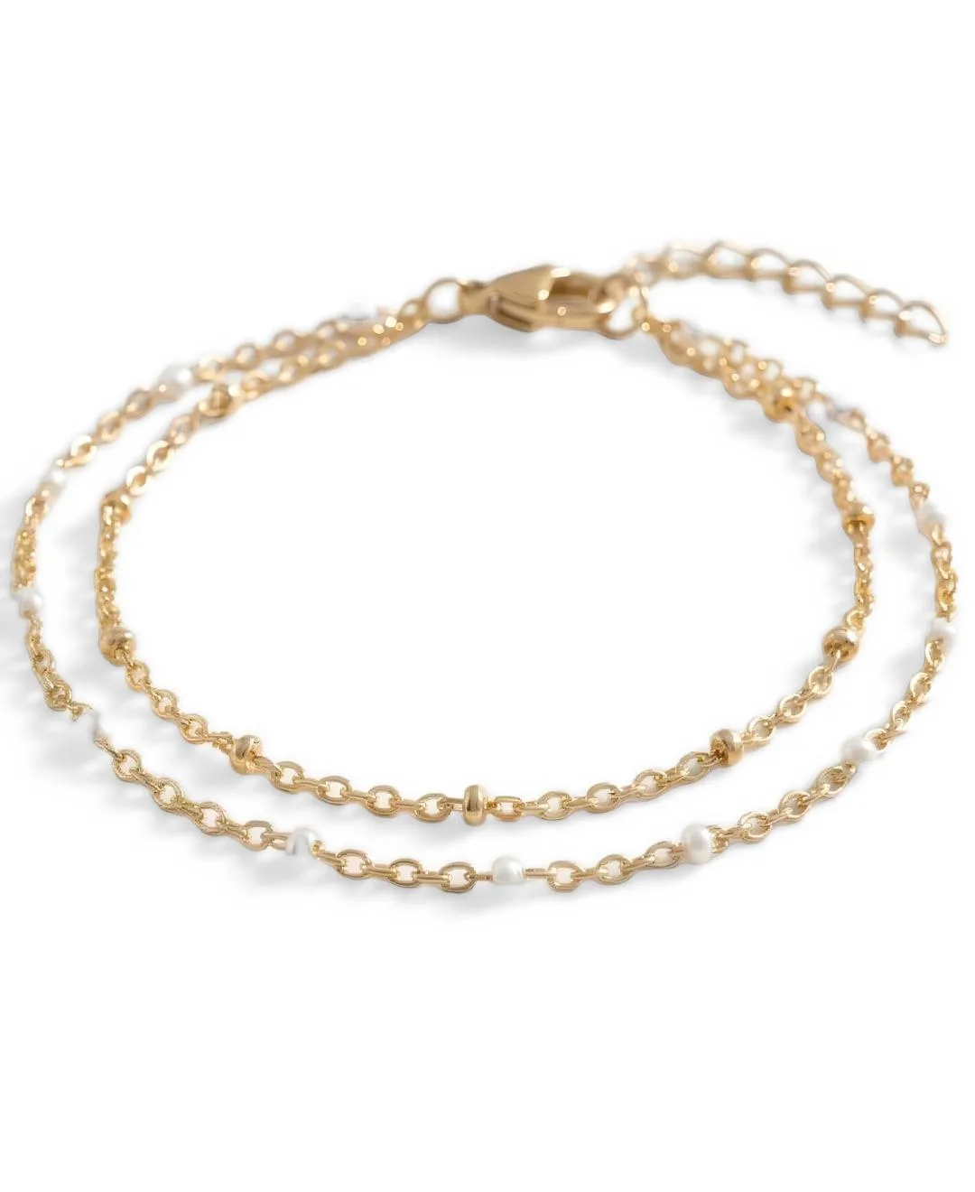 Gold-Tone Imitation Pearl Dainty Double Chain Beaded Bracelet by Mint & Lily
