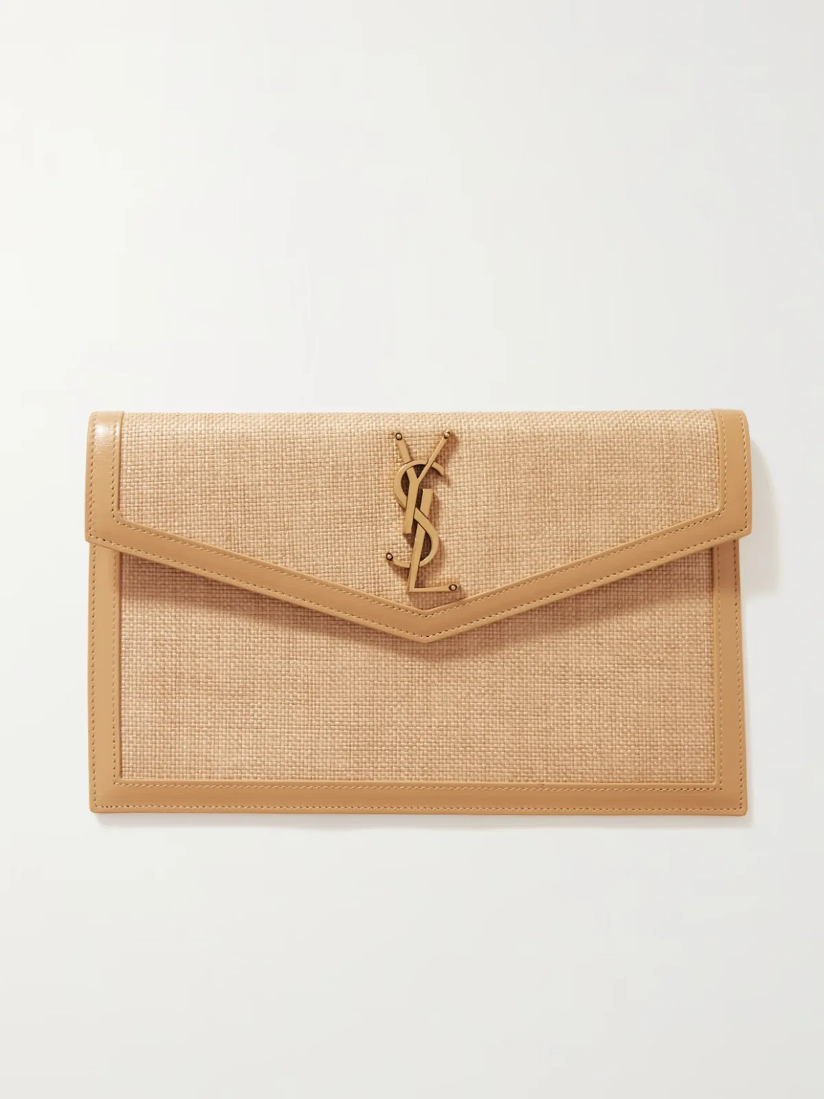 - Uptown Leather-trimmed Raffia Pouch -